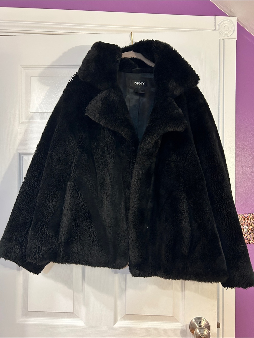 DKNY 1X Black Faux-Fur Teddy Jacket